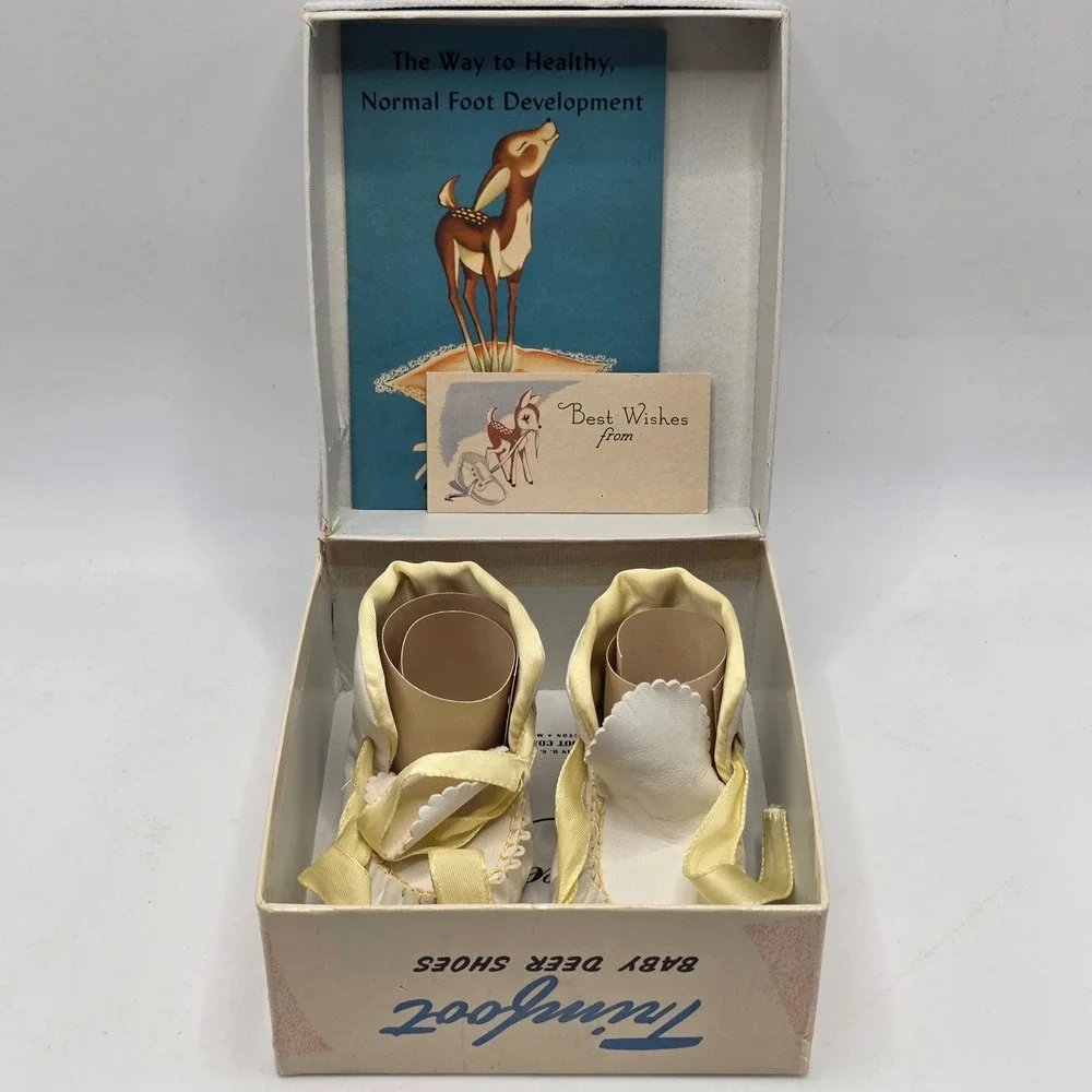 Trimfoot‎ Baby Deer Shoes Infant White Yellow Ribbon Tie Vintage 1950s